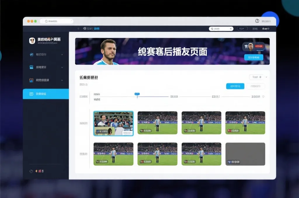 比赛结束后，电视屏幕展示集锦回放页面，旁边有时间轴和多角度切换提示